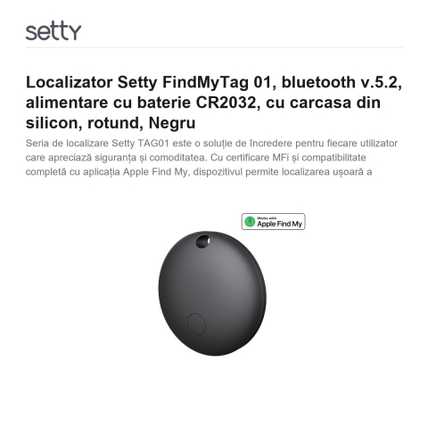 Localizator Setty FindMyTag 01, bluetooth v.5.2, alimentare cu baterie CR2032, cu carcasa din silicon, rotund, Negru [1]
