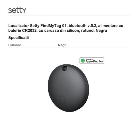 Localizator Setty FindMyTag 01, bluetooth v.5.2, alimentare cu baterie CR2032, cu carcasa din silicon, rotund, Negru [2]