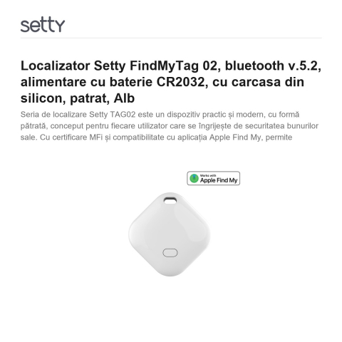 Localizator Setty FindMyTag 02, bluetooth v.5.2, alimentare cu baterie CR2032, cu carcasa din silicon, patrat, Alb [1]