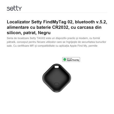 Localizator Setty FindMyTag 02, bluetooth v.5.2, alimentare cu baterie CR2032, cu carcasa din silicon, patrat, Negru [1]