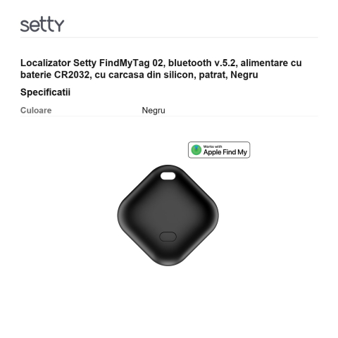 Localizator Setty FindMyTag 02, bluetooth v.5.2, alimentare cu baterie CR2032, cu carcasa din silicon, patrat, Negru [2]