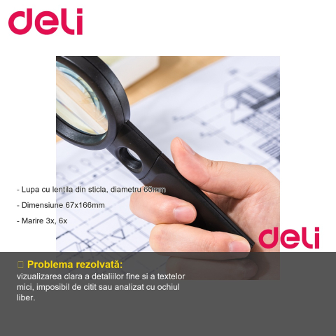 Lupa cu focalizare dubla Deli, lentila din sticla 60mm, marire 3x si 6x, pentru scoala si birou [1]