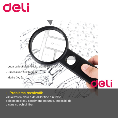 Lupa cu focalizare dubla Deli, lentila sticla 50mm, marire 3x si 6x, pentru uz scolar si profesional [1]