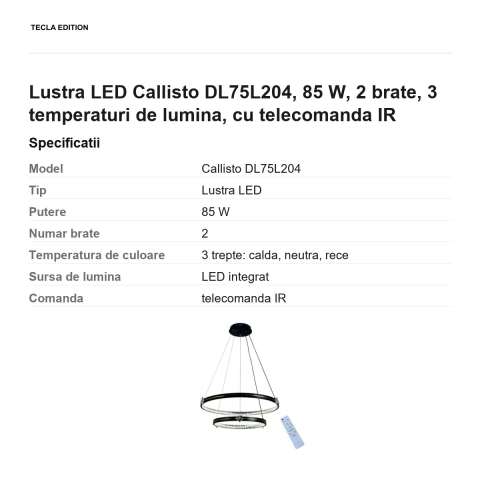 Lustra LED Callisto DL75L204, 85 W, 2 brate, 3 temperaturi de lumina, cu telecomanda IR [2]