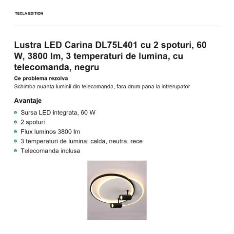 Lustra LED Carina DL75L401 cu 2 spoturi, 60 W, 3800 lm, 3 temperaturi de lumina, cu telecomanda, negru [1]