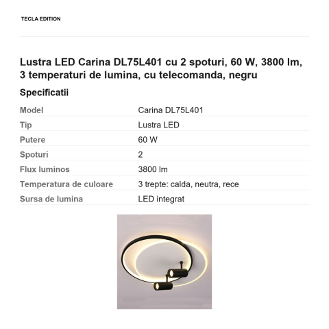 Lustra LED Carina DL75L401 cu 2 spoturi, 60 W, 3800 lm, 3 temperaturi de lumina, cu telecomanda, negru [2]