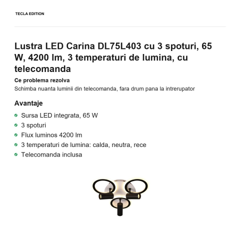 Lustra LED Carina DL75L403 cu 3 spoturi, 65 W, 4200 lm, 3 temperaturi de lumina, cu telecomanda [1]