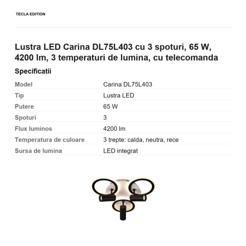 Lustra LED Carina DL75L403 cu 3 spoturi, 65 W, 4200 lm, 3 temperaturi de lumina, cu telecomanda [2]