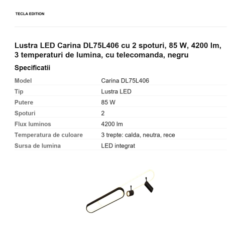 Lustra LED Carina DL75L406 cu 2 spoturi, 85 W, 4200 lm, 3 temperaturi de lumina, cu telecomanda, negru [2]