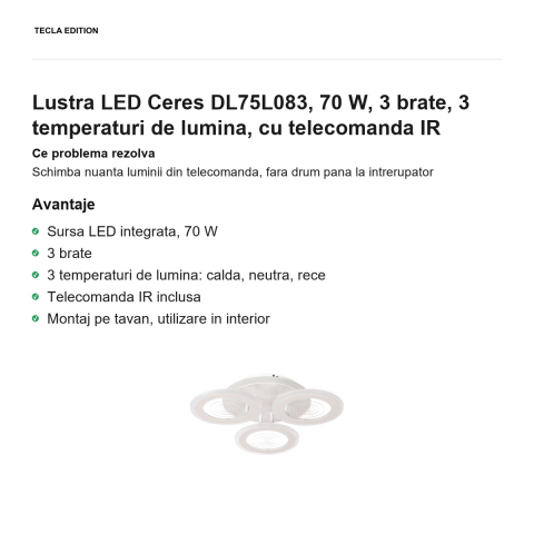 Lustra LED Ceres DL75L083, 70 W, 3 brate, 3 temperaturi de lumina, cu telecomanda IR [1]