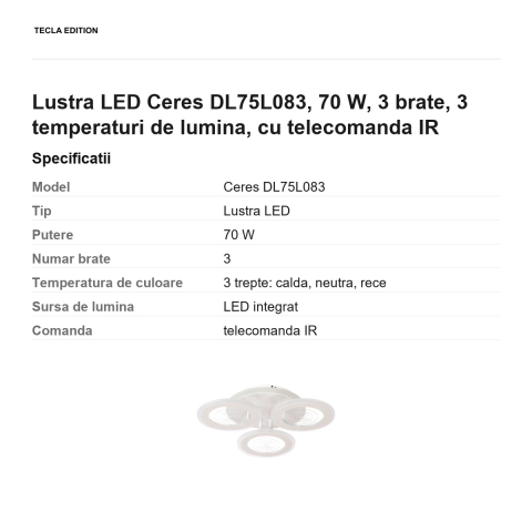 Lustra LED Ceres DL75L083, 70 W, 3 brate, 3 temperaturi de lumina, cu telecomanda IR [2]