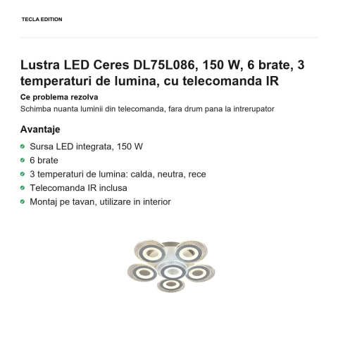 Lustra LED Ceres DL75L086, 150 W, 6 brate, 3 temperaturi de lumina, cu telecomanda IR [1]