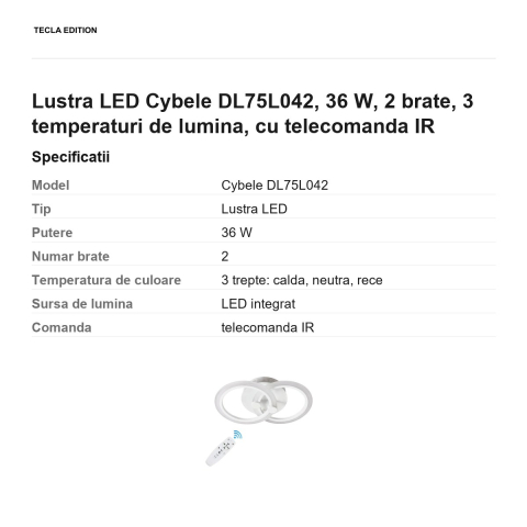 Lustra LED Cybele DL75L042, 36 W, 2 brate, 3 temperaturi de lumina, cu telecomanda IR [2]