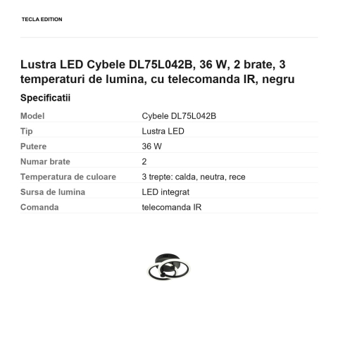 Lustra LED Cybele DL75L042B, 36 W, 2 brate, 3 temperaturi de lumina, cu telecomanda IR, negru [2]