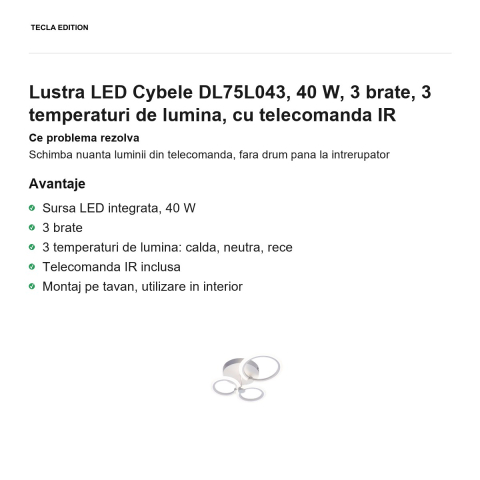 Lustra LED Cybele DL75L043, 40 W, 3 brate, 3 temperaturi de lumina, cu telecomanda IR [1]