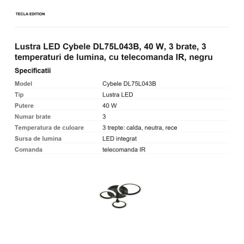 Lustra LED Cybele DL75L043B, 40 W, 3 brate, 3 temperaturi de lumina, cu telecomanda IR, negru [2]