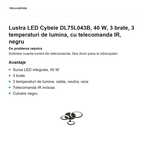 Lustra LED Cybele DL75L043B, 40 W, 3 brate, 3 temperaturi de lumina, cu telecomanda IR, negru [1]