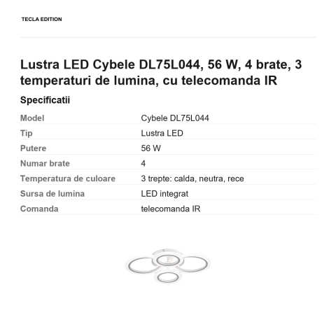 Lustra LED Cybele DL75L044, 56 W, 4 brate, 3 temperaturi de lumina, cu telecomanda IR [2]