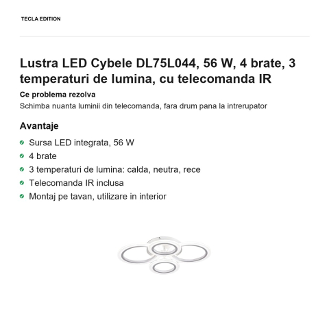 Lustra LED Cybele DL75L044, 56 W, 4 brate, 3 temperaturi de lumina, cu telecomanda IR [1]