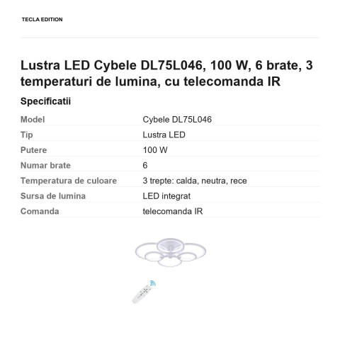 Lustra LED Cybele DL75L046, 100 W, 6 brate, 3 temperaturi de lumina, cu telecomanda IR [2]