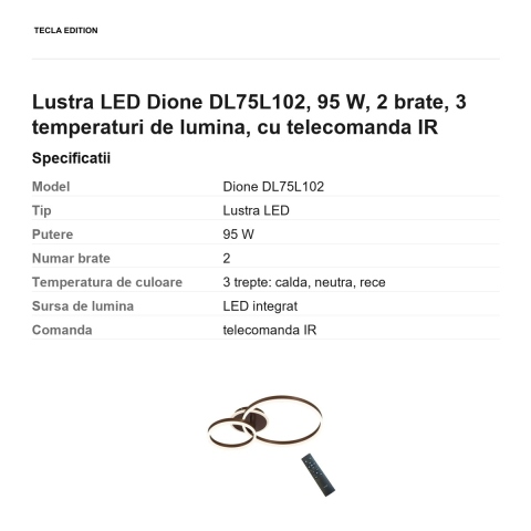 Lustra LED Dione DL75L102, 95 W, 2 brate, 3 temperaturi de lumina, cu telecomanda IR [2]