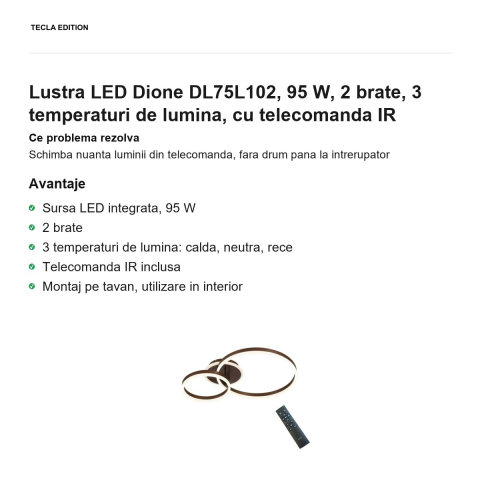 Lustra LED Dione DL75L102, 95 W, 2 brate, 3 temperaturi de lumina, cu telecomanda IR [1]