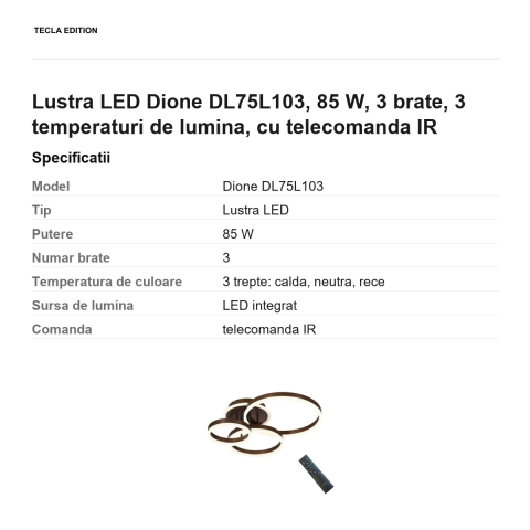 Lustra LED Dione DL75L103, 85 W, 3 brate, 3 temperaturi de lumina, cu telecomanda IR [2]