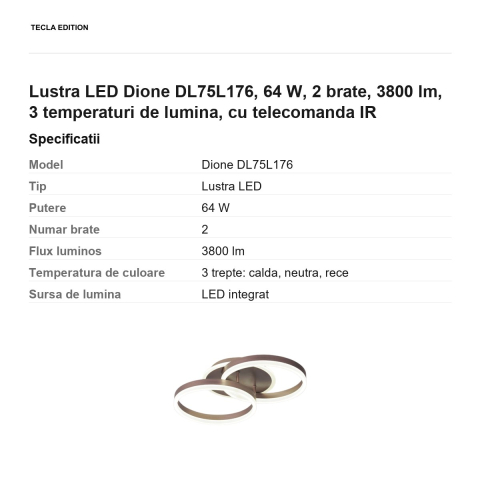 Lustra LED Dione DL75L176, 64 W, 2 brate, 3800 lm, 3 temperaturi de lumina, cu telecomanda IR [2]