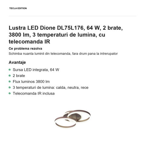 Lustra LED Dione DL75L176, 64 W, 2 brate, 3800 lm, 3 temperaturi de lumina, cu telecomanda IR [1]