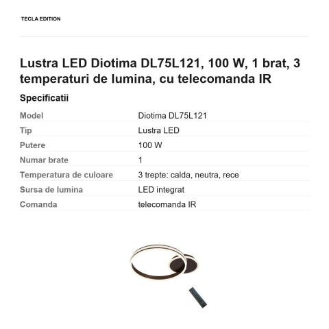 Lustra LED Diotima DL75L121, 100 W, 1 brat, 3 temperaturi de lumina, cu telecomanda IR [2]