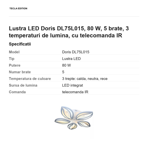 Lustra LED Doris DL75L015, 80 W, 5 brate, 3 temperaturi de lumina, cu telecomanda IR [2]