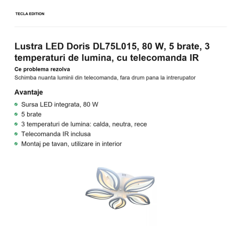 Lustra LED Doris DL75L015, 80 W, 5 brate, 3 temperaturi de lumina, cu telecomanda IR [1]