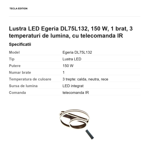 Lustra LED Egeria DL75L132, 150 W, 1 brat, 3 temperaturi de lumina, cu telecomanda IR [2]