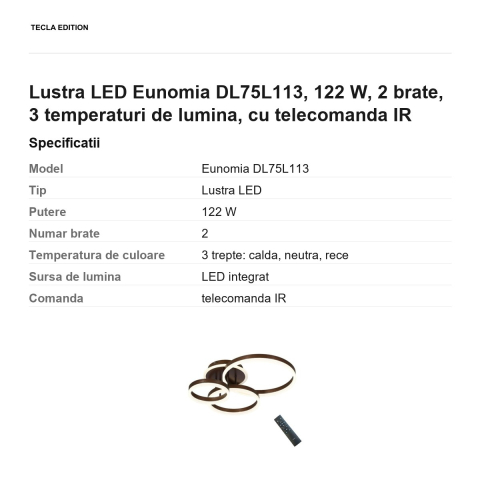 Lustra LED Eunomia DL75L113, 122 W, 2 brate, 3 temperaturi de lumina, cu telecomanda IR [2]