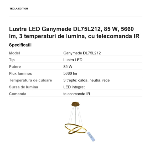 Lustra LED Ganymede DL75L212, 85 W, 5660 lm, 3 temperaturi de lumina, cu telecomanda IR [2]