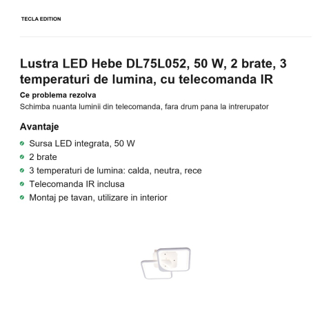 Lustra LED Hebe DL75L052, 50 W, 2 brate, 3 temperaturi de lumina, cu telecomanda IR [1]