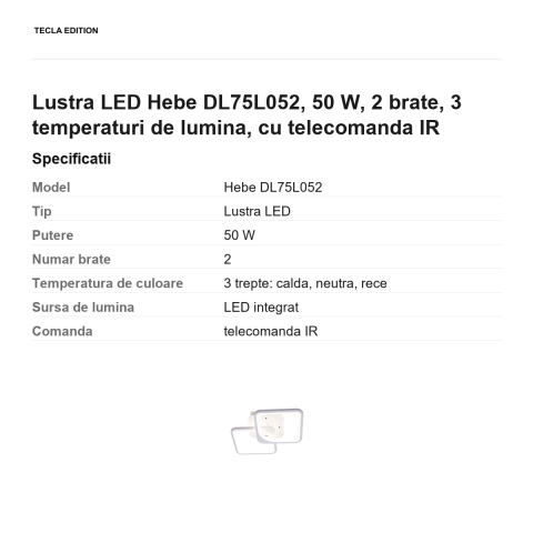 Lustra LED Hebe DL75L052, 50 W, 2 brate, 3 temperaturi de lumina, cu telecomanda IR [2]