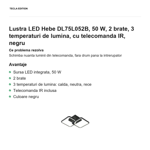 Lustra LED Hebe DL75L052B, 50 W, 2 brate, 3 temperaturi de lumina, cu telecomanda IR, negru [1]
