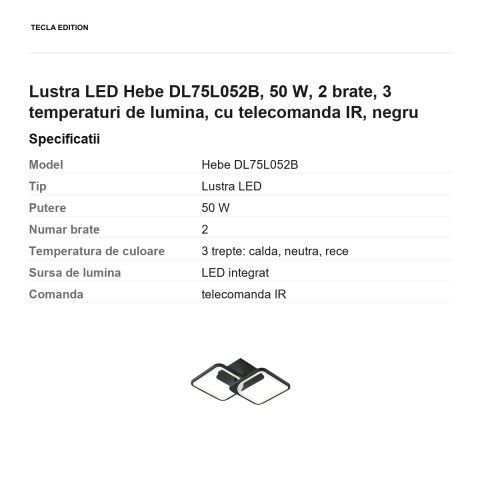 Lustra LED Hebe DL75L052B, 50 W, 2 brate, 3 temperaturi de lumina, cu telecomanda IR, negru [2]