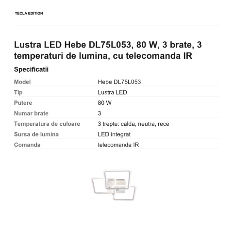 Lustra LED Hebe DL75L053, 80 W, 3 brate, 3 temperaturi de lumina, cu telecomanda IR [2]