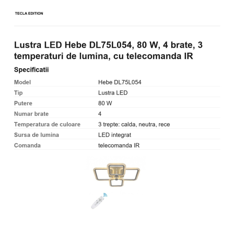 Lustra LED Hebe DL75L054, 80 W, 4 brate, 3 temperaturi de lumina, cu telecomanda IR [2]