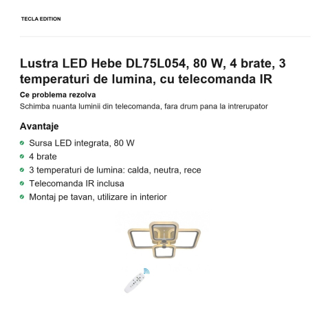 Lustra LED Hebe DL75L054, 80 W, 4 brate, 3 temperaturi de lumina, cu telecomanda IR [1]