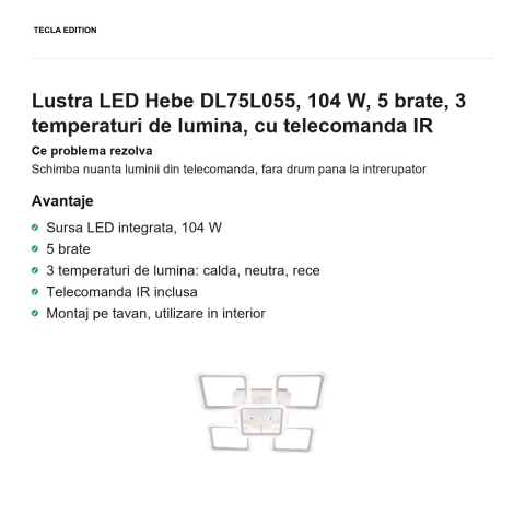 Lustra LED Hebe DL75L055, 104 W, 5 brate, 3 temperaturi de lumina, cu telecomanda IR [1]