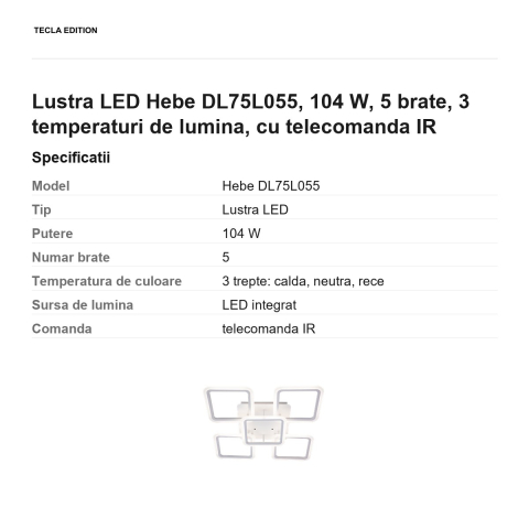 Lustra LED Hebe DL75L055, 104 W, 5 brate, 3 temperaturi de lumina, cu telecomanda IR [2]