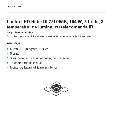 Lustra LED Hebe DL75L055B, 104 W, 5 brate, 3 temperaturi de lumina, cu telecomanda IR [1]