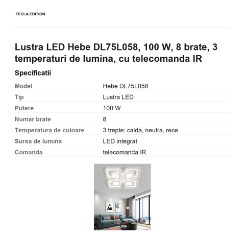 Lustra LED Hebe DL75L058, 100 W, 8 brate, 3 temperaturi de lumina, cu telecomanda IR [2]