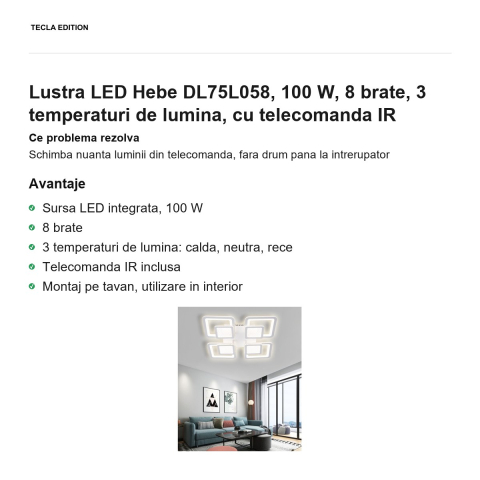 Lustra LED Hebe DL75L058, 100 W, 8 brate, 3 temperaturi de lumina, cu telecomanda IR [1]