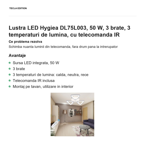 Lustra LED Hygiea DL75L003, 50 W, 3 brate, 3 temperaturi de lumina, cu telecomanda IR [1]
