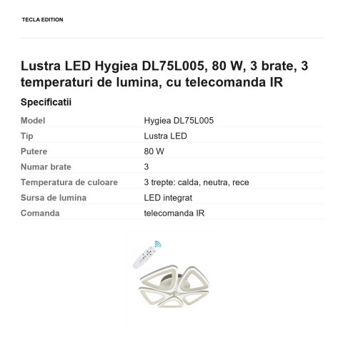 Lustra LED Hygiea DL75L005, 80 W, 3 brate, 3 temperaturi de lumina, cu telecomanda IR [2]