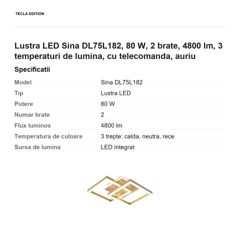 Lustra LED Sina DL75L182, 80 W, 2 brate, 4800 lm, 3 temperaturi de lumina, cu telecomanda, auriu [2]
